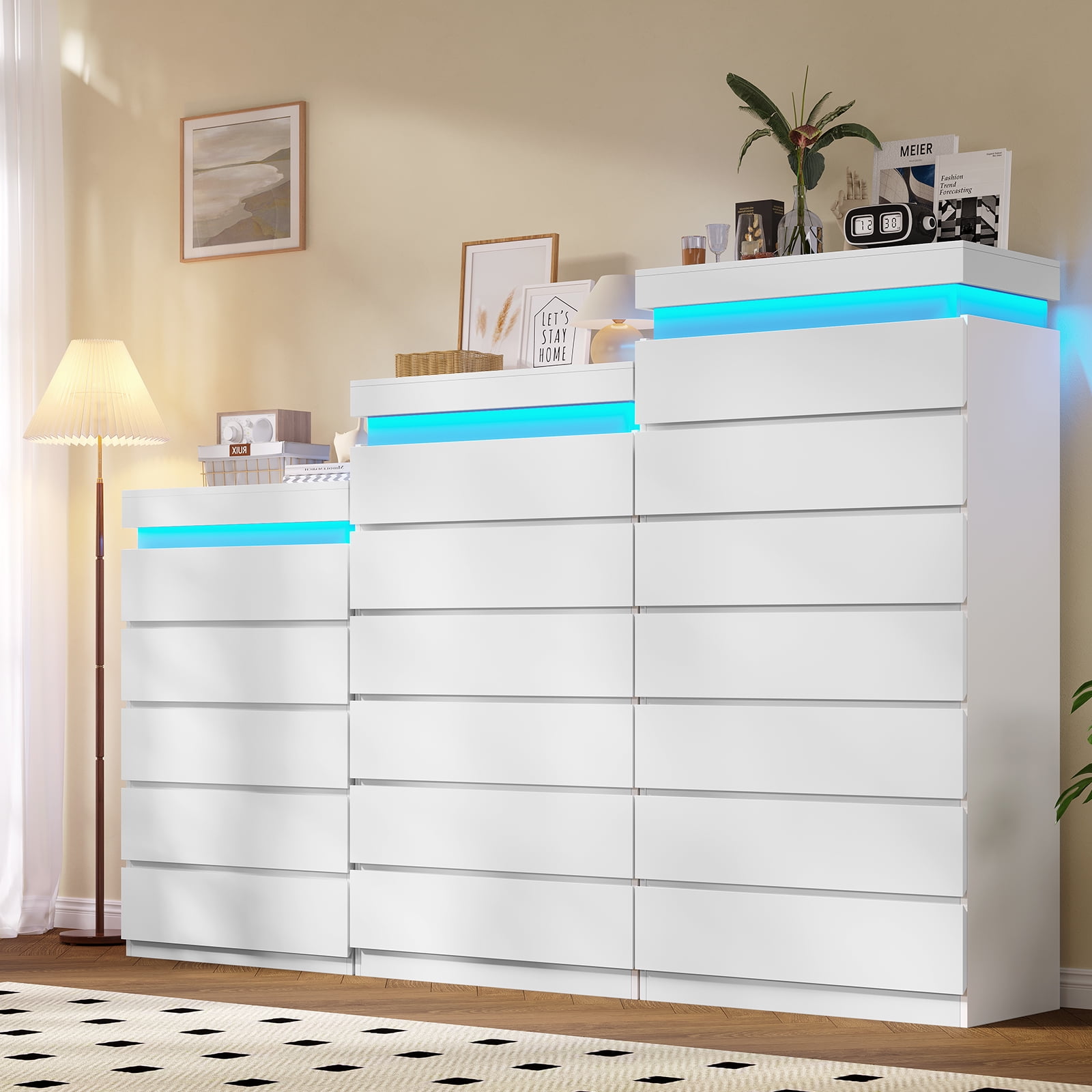 Afuhokles White Tall Dresser Wood 7 Drawer Dressers for Bedroom with LED Light, Wood Chest of Drawers Storage Cabinet.