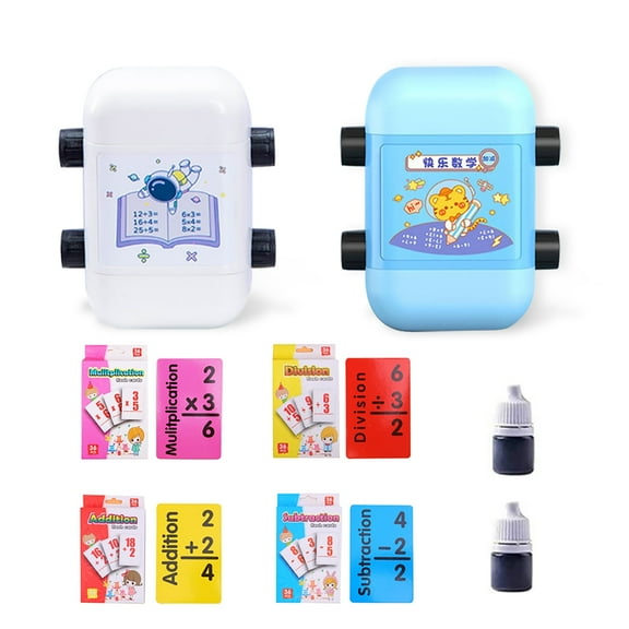 Kahopy Math Roller Stamp with 4 Math Flash Cards, 2-in-1 Addition, Subtraction, Multiplication, Division Teaching Tool for Kids