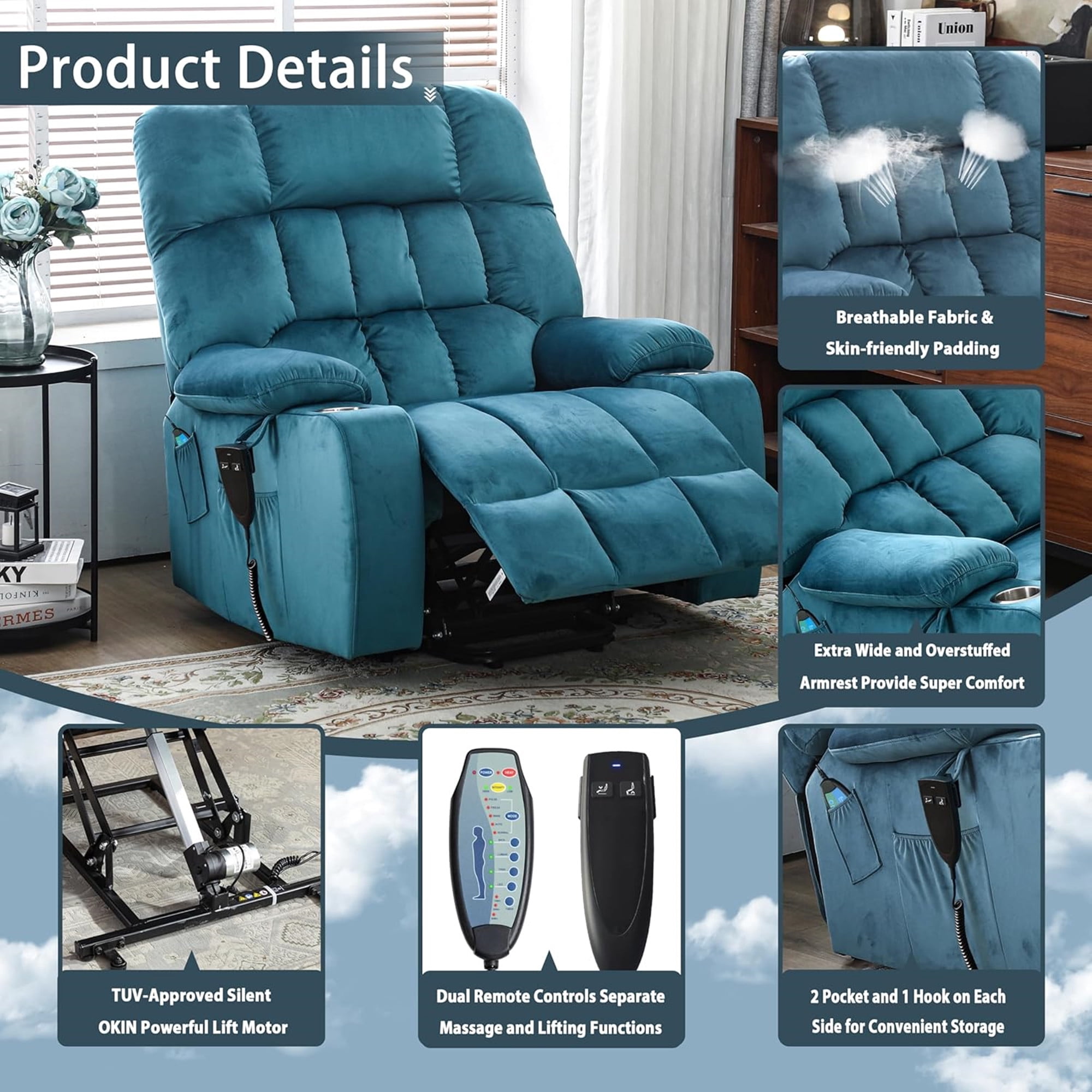 LITVZ Heavy Duty Recliner Chairs with Cup Holders for Adults Big and Tall, Oversized Power Recliner Lift Chair for Elderly, Heat and Massage, Stand Up, Lay Flat 160 Degree Sleeping