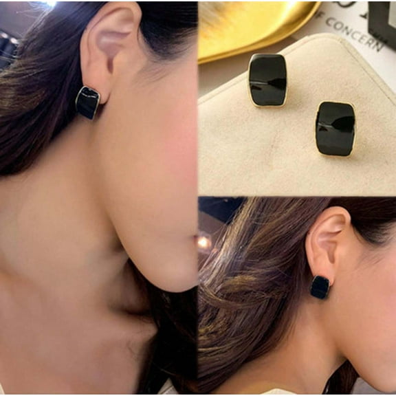 Clip on 3/4" bent gold square black button style earrings