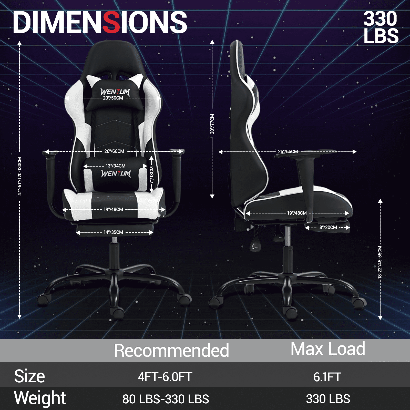 WENTUM Reclining Gaming Chair with Footrest, Massage Racing Office Chair, PU Leather Computer Desk Chair with Head Pillow for Adults, White