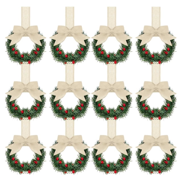 Fzsteel Mini Christmas Wreath 12-Pack With Red Ribbon Bows 3.94 Inch Small Holiday Decor For Kitchen Cabinets Windows Doors