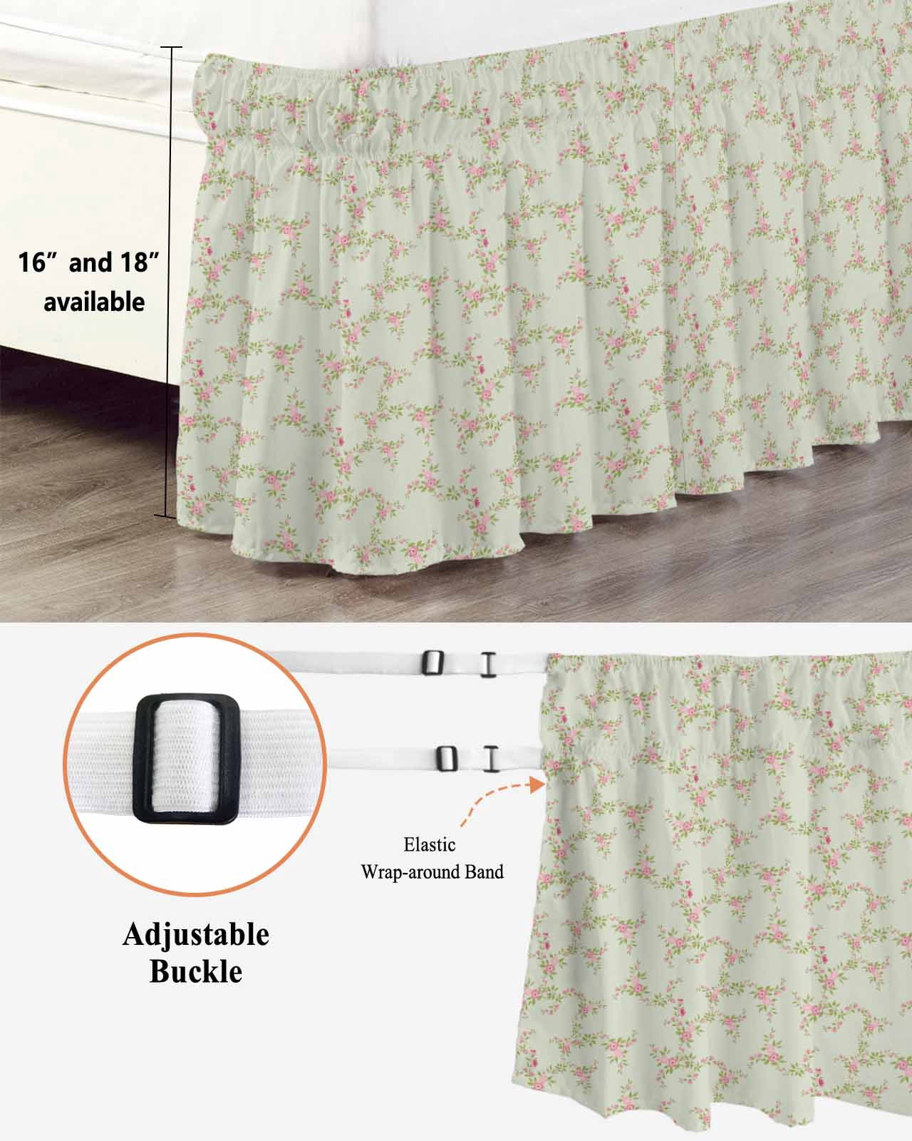 Pastoral Pink Flower Bed Skirt Fall Leaf Green Background Country Floral Bed Skirts Queen Size 16 Inch Drop, Wrap Around Dust Ruffle&nbsp;Bedskirt with Adjustable Elastic Belt for Queen Size Beds