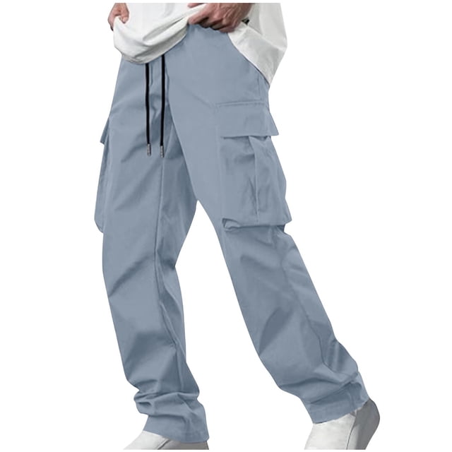 Xuniizn Cargo Pants for Men Solid Color Elastic Waisted Drawstring Multiple Pockets Work Pants Loose Comfort Casual Straight Pants