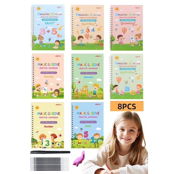 WLGJL Magic Practice Copybook, Reusable Writing Practice Book, Calligraphy 8.66in x 6.54in, 8 Books with Pens