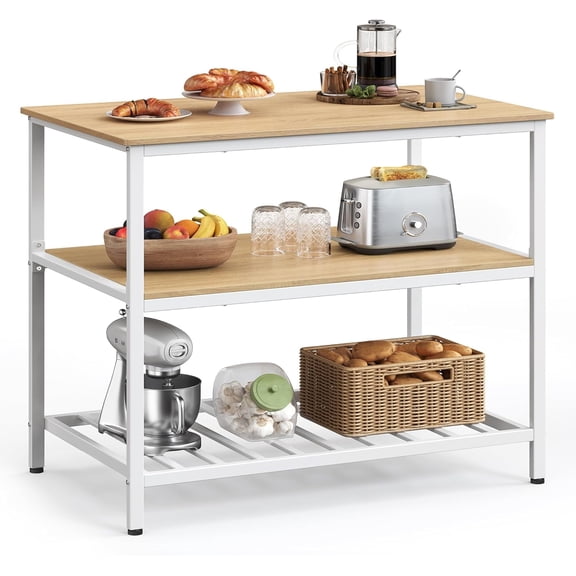 VASAGLE Kitchen Island with 3 Shelves, 39.4 Inches Kitchen Shelf with Large Worktop, Oak Color and White