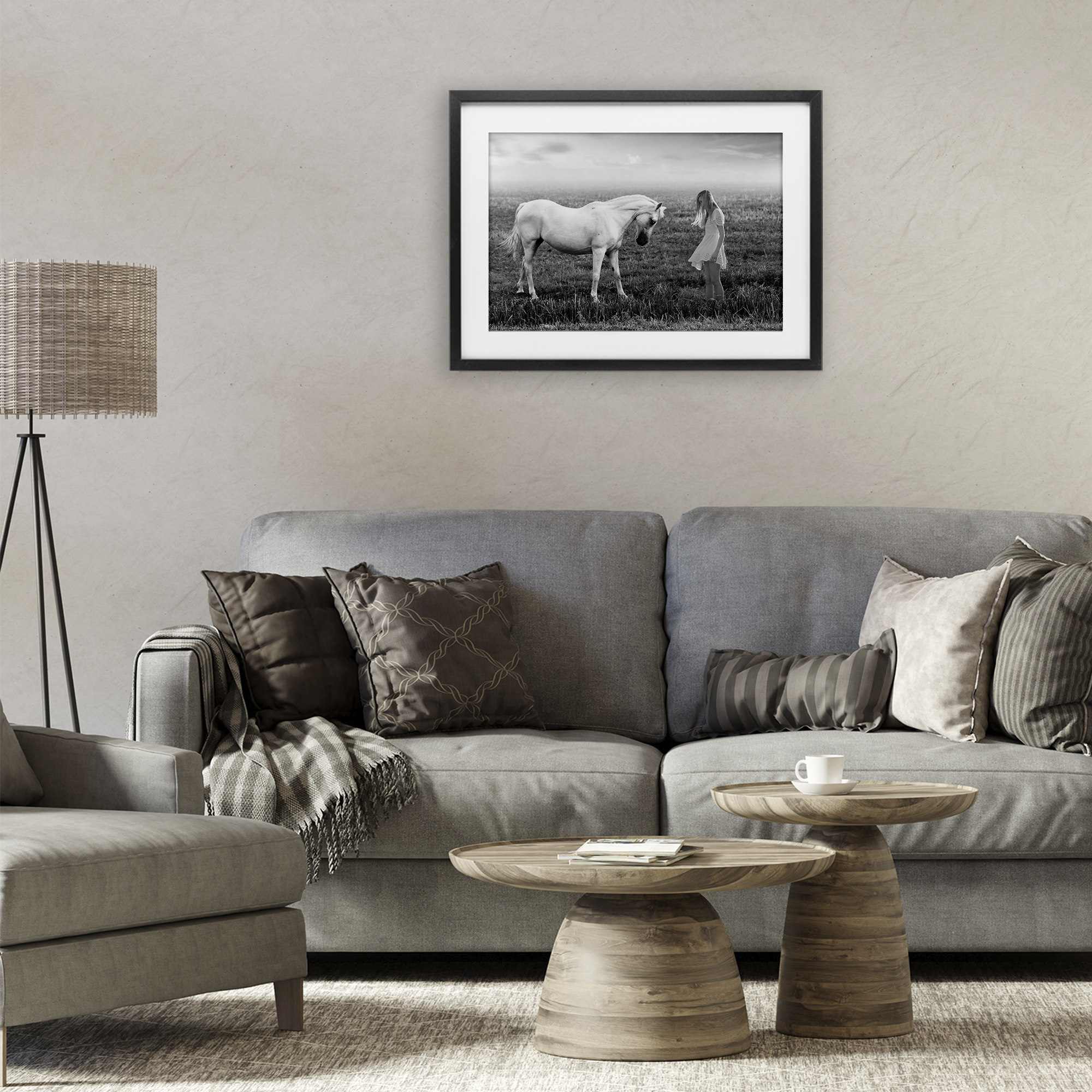 Her White Horse Black Framed Print Under Glass, design by Ata Alishahi