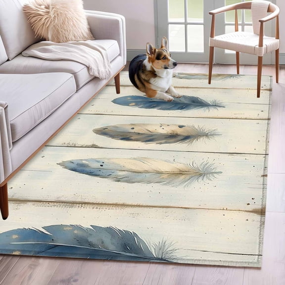 Blue Beige Feathers Area Rug 3x5 Washable Rug Non Slip Vintage Native Ombre Wood Grain Large Area Rug Indoor Floor Carpet for Entryway Bedroom Kitchen Living Room Home Office Dining Room Nursery