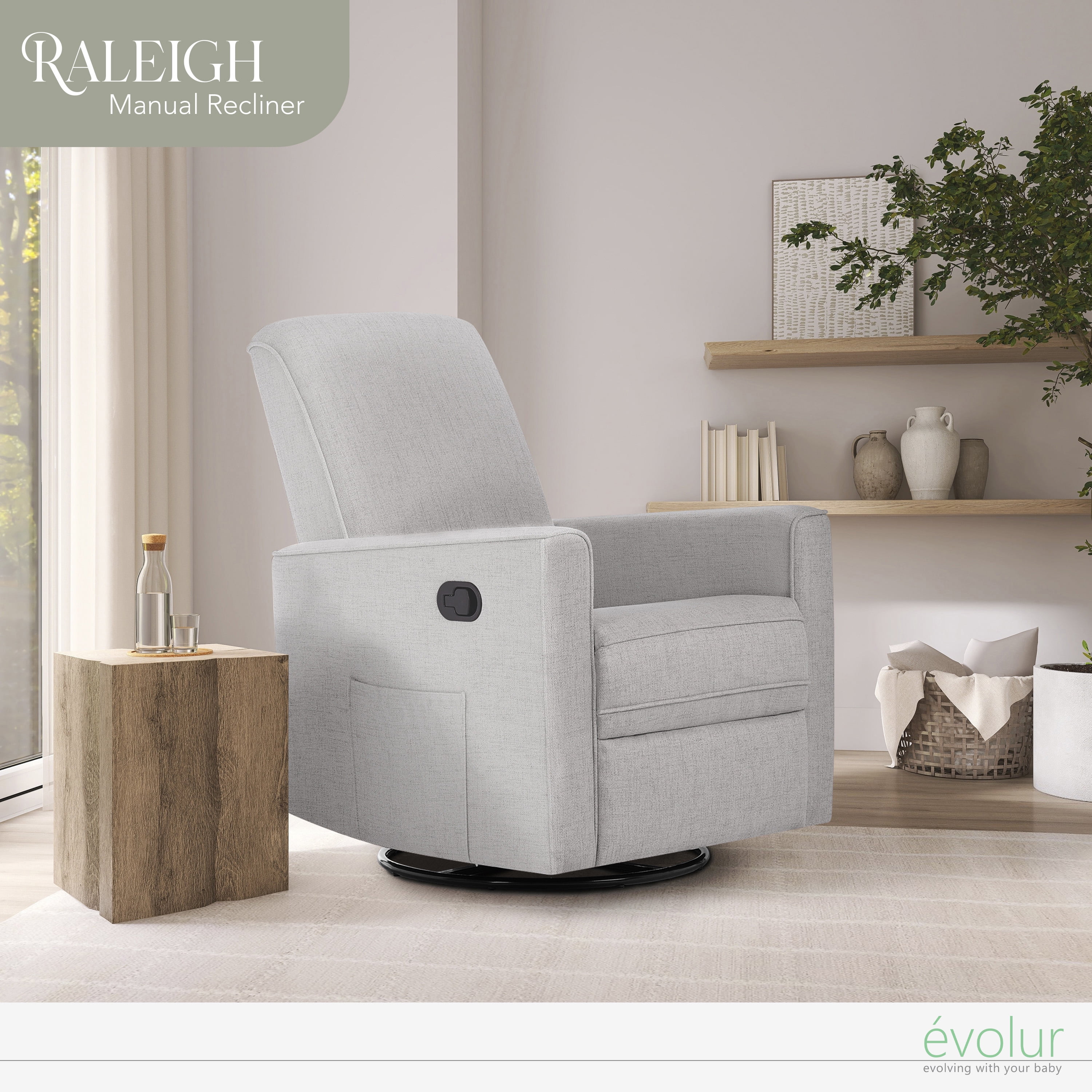 Evolur Raleigh Nursery Glider Recliner and Rocking Chair in Fog, 360° Swivel Motion, Multiple Recline Positions, Easy to Clean, FSC and Greenguard Gold Certified
