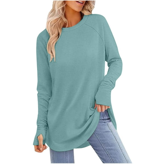 DAFPZW Womens Tunic Tops to Wear with Leggings Long Sleeve Thumb Hole Shirts Crew Neck Curved Hem