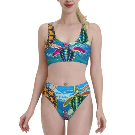 Bixox Little Sea Turtles Pattern Two-Piece Sports Bikini with U-Shaped Top and High-Waist Bottom - Women s Swimwear with Removable Bra Pads