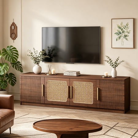 Fnova 70.9" Farmhouse TV Stand for TVs up to 80", Wood Rattan Entertainment Center with Storage Shelves for Living Room Bedroom