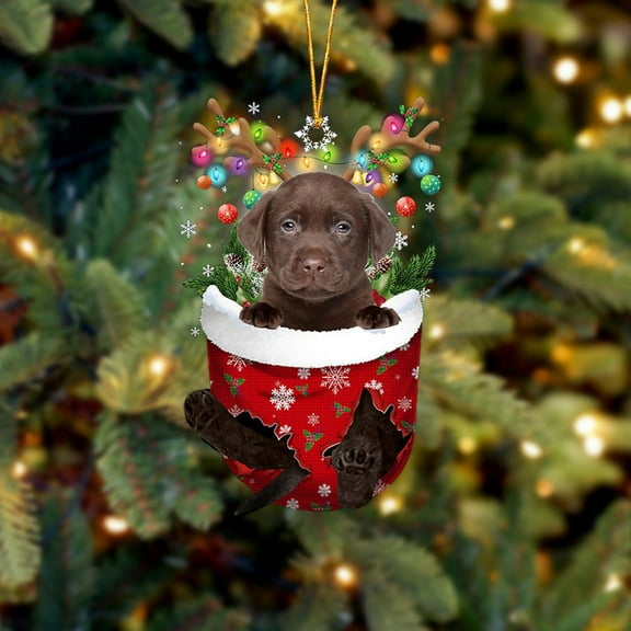 Acrylic 2D FLAT - CHOCOLATE Labrador In Snow Pocket Christmas Ornament Flat Acrylic Dog Ornament - Holiday Tree Decoration