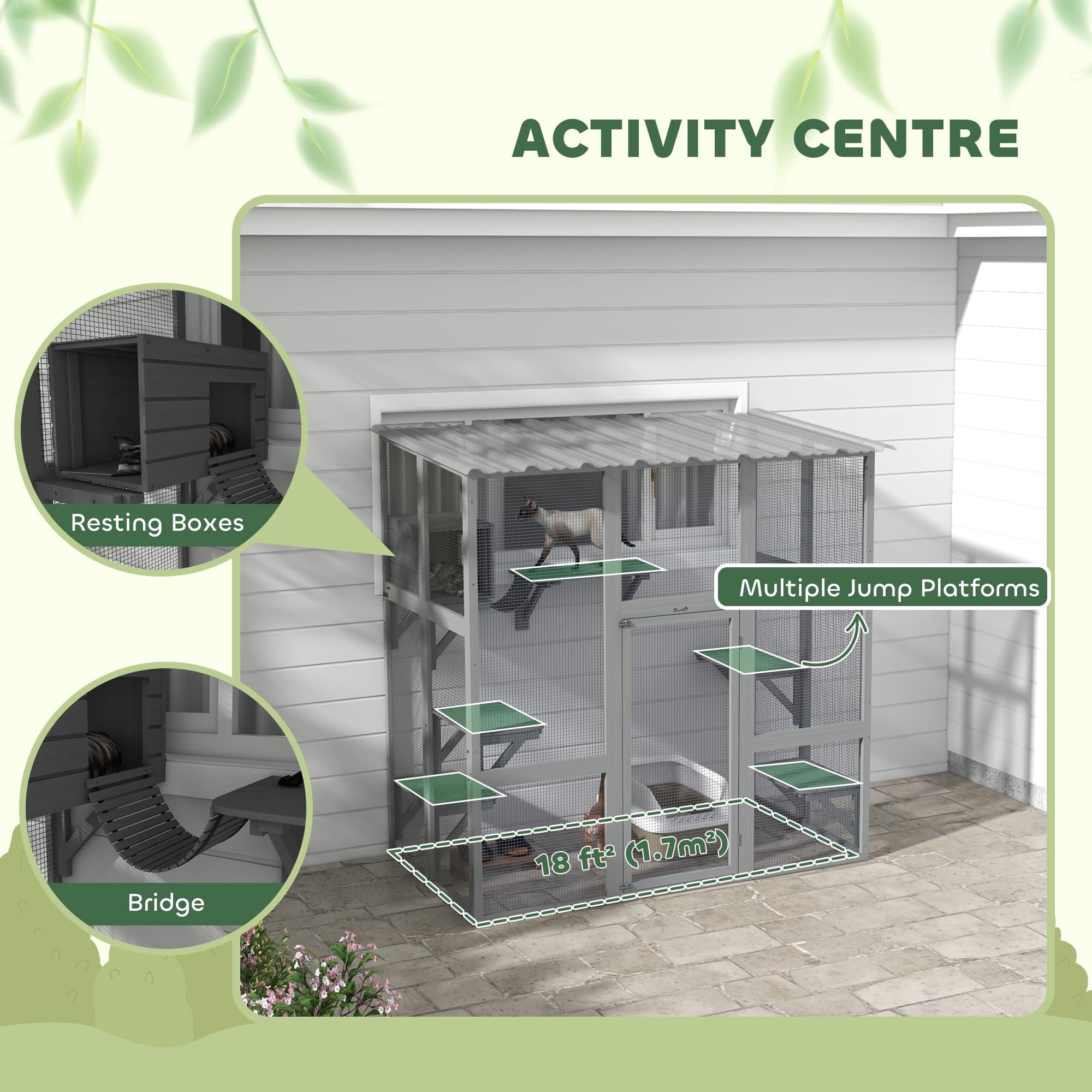 Large Outdoor Cat Enclosure for Indoor Cats, Wooden Catio with Scratching Posts and Weatherproof Roof, Spacious Resting Area for 1-2 Cats, Gray, 68" x 35.5" x 70.5"