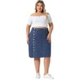 thumbnail image 3 of DARING DIVA Women's Plus Button Front High Waist A Line Midi Jean Skirt 1X Blue, 3 of 6