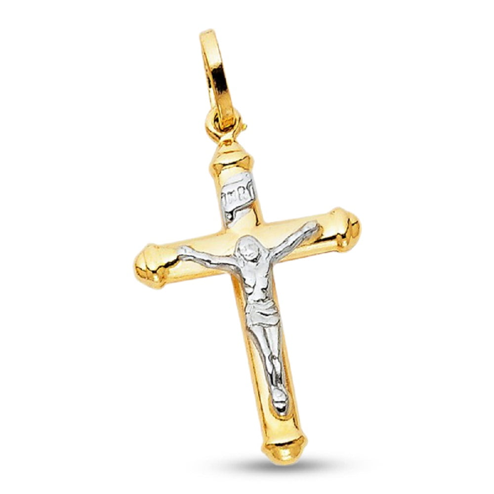 Jewels By Lux 14K White and Yellow Two Tone Gold Block Crucifix Cross with White Jesus and Inri High Polish Pendant 
