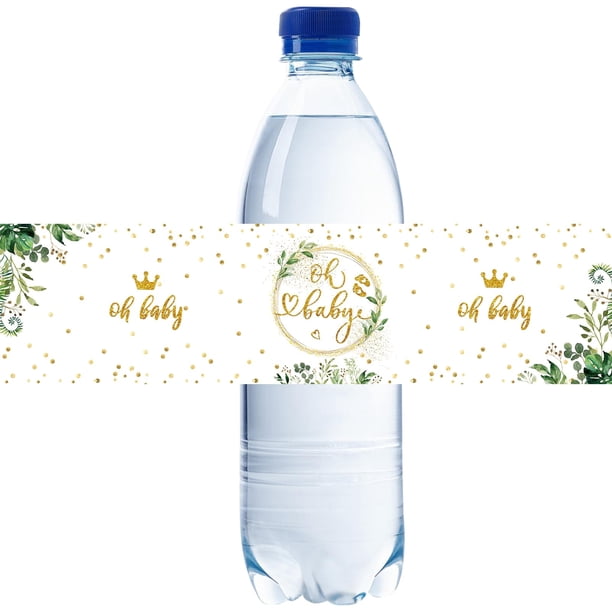 32 etiquetas verdes para botellas de agua Oh Baby, envoltorios dorados con purpurina para revelar el género, pegatinas con hojas de eucalipto para botellas de agua de niño o niña, decoración para