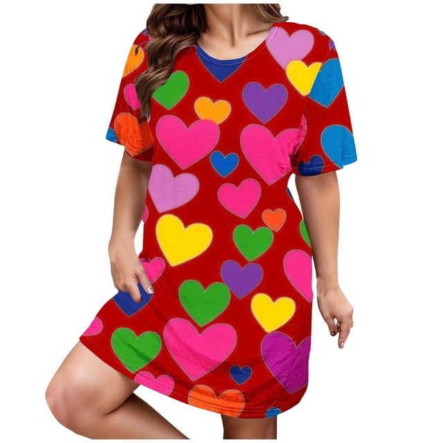 Kelon Nuisettes et Chemises de Nuit pour Femmes Grande Taille Robe de Nuit Décontractée pour Femmes Grande Taille Imprimé Cœur Manches Courtes Col Rond Extensibilité Moyenne Nuisette Ample Robe de Nuit de la Saint-Valentin