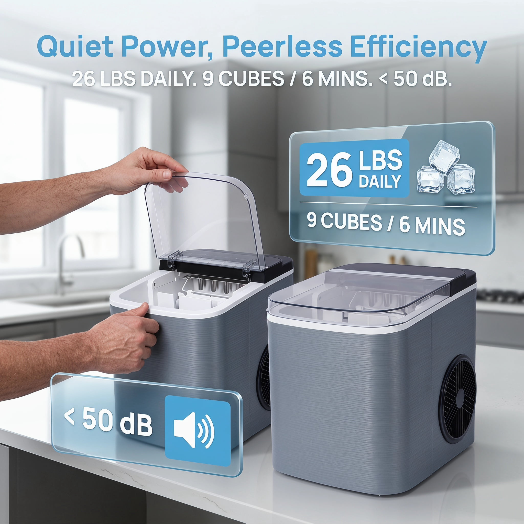 Portable Countertop Ice Maker 26LBS 24H Bullet Ice Machine 9 Cubes in 6 Mins Self Cleaning Ice Cube Maker with Basket Scoop for Home Kitchen Office RV