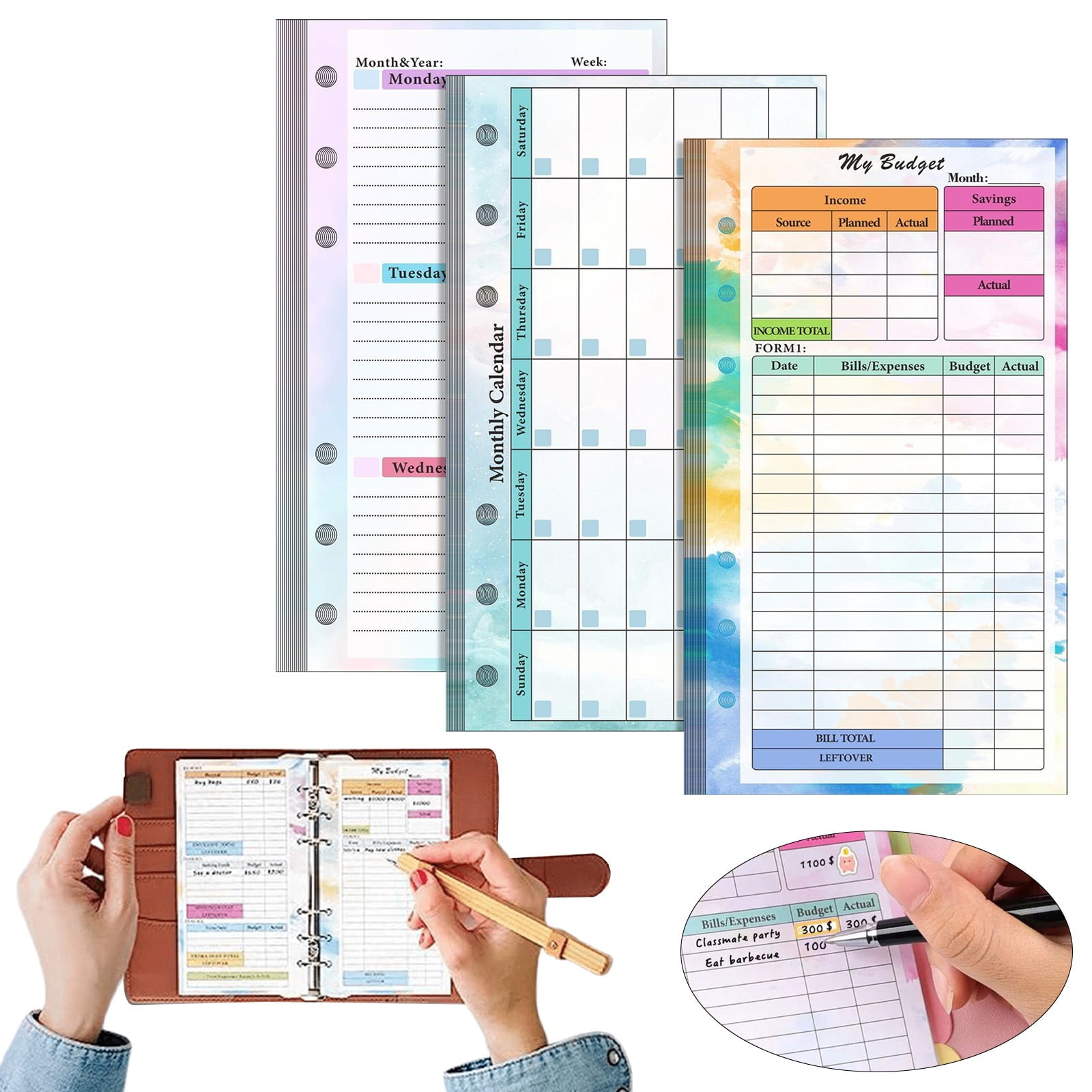 Aoyunhp 3Pcs A6 Budget Planner,82 Sheets Monthly Weekly Planner Notepad,Binder Monthly Bill Organizer and Expense Tracker,6 Hole for Cover