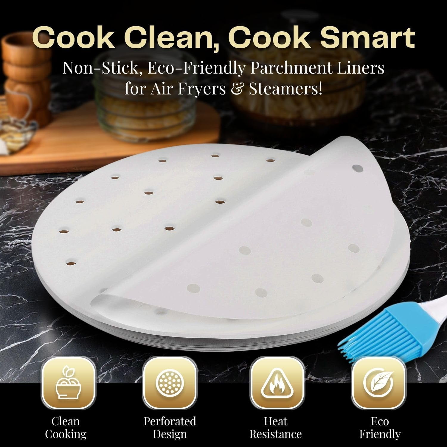 JJEAN-7.5 Inch Perforated Parchment Paper For Air Fryer Liners Round Unbleached 200 Sheets 3.5 3.7 QT AirFryer, Bamboo Steamer Basket, Baking Paper, Microwave, Oven Non-Stick Cooking