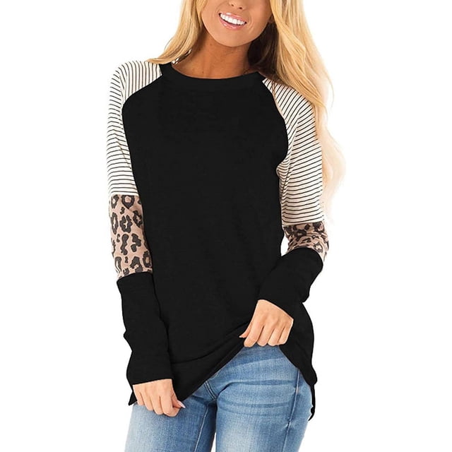 Blusas casuales de manga larga con estampado de leopardo y bloques de color para mujer, cuello redondo y rayas