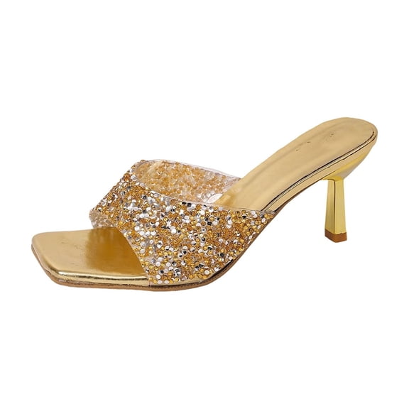 KEGIRLOM Women's Versatile Sequined Plus-Size Toe Heels For Spring And Summer Trendy And Comfortable High Heel Shoes. Gold 9.5