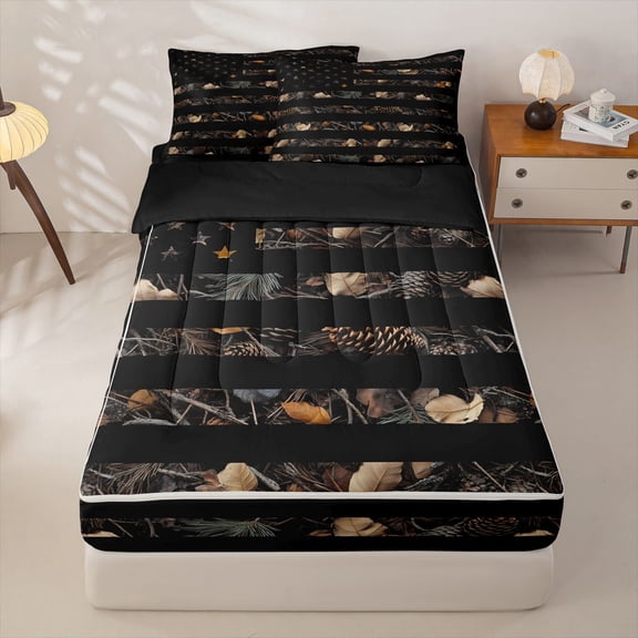 Manfei Classic Camouflage Flag Zipper Twin Comforter Sets with Fitted Sheet and 2 Pillowcases,Vintage Pine Leaf Zipper Bedding Set,Brown Black,Black Reversible,4pcs