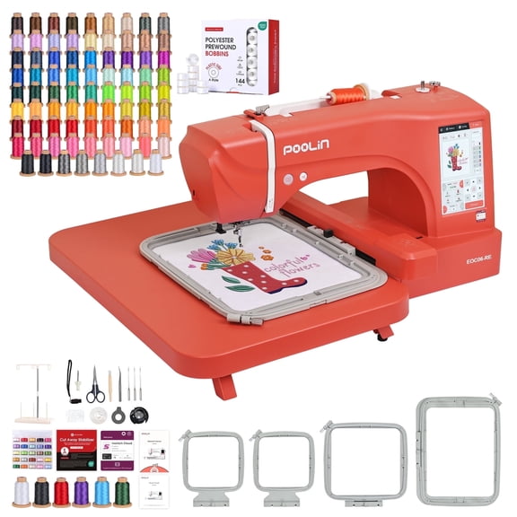 Poolin EOC06RE 7.9" x 11" Embroidery Machine with 80 Rolls 800m Polyester Threads,144pcs Prewound Bobbins Size A Plastic and Accessories