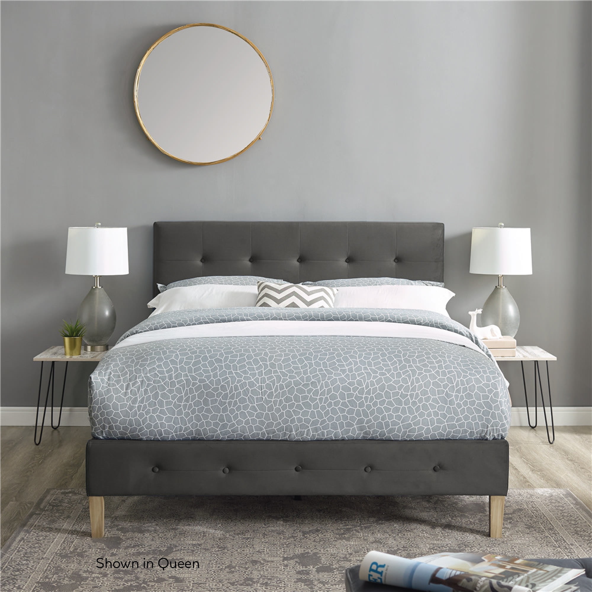 DeCoro Seattle Modern Tufted Upholstered Platform Bed | Headboard and Wood Frame with Wood Slat Support, King, Antonio Mid Night