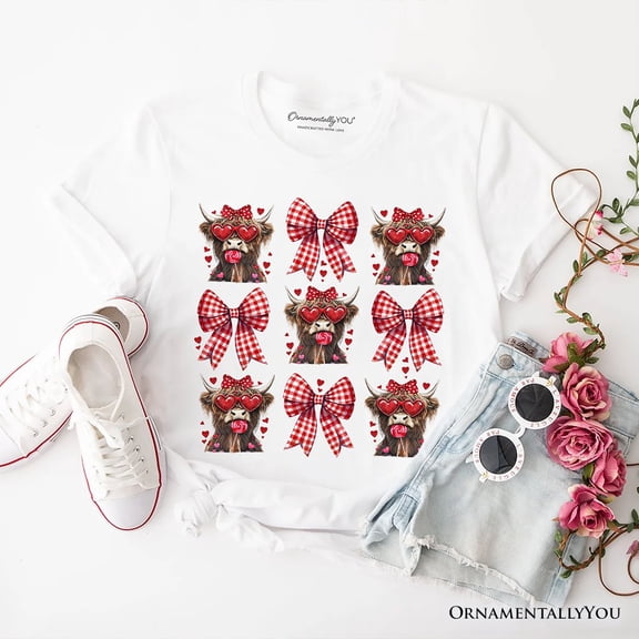 Highland Cow Coquette Bow Valentine T-Shirt, Cute Hearts Western Tee