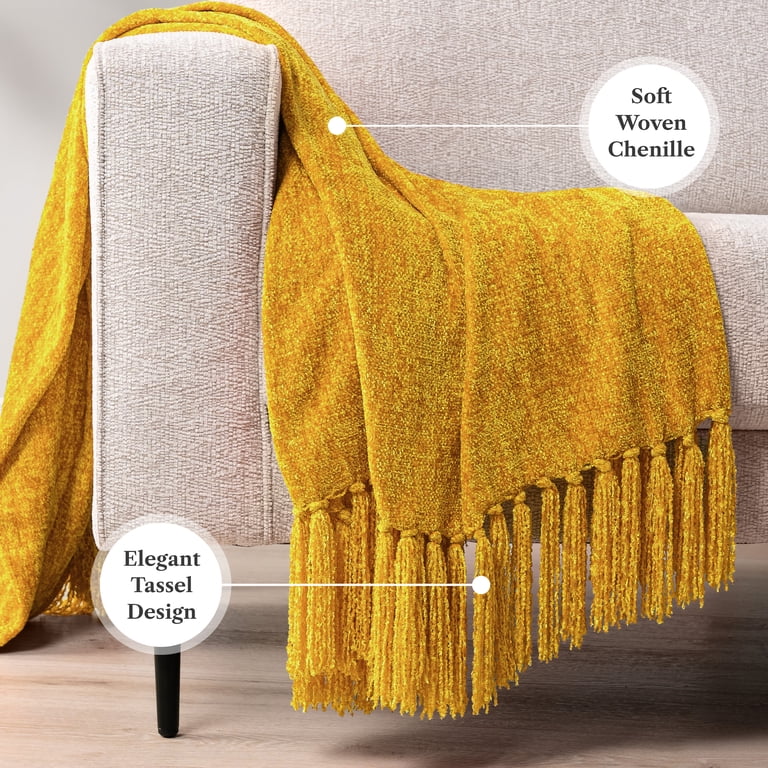 Pavilia Chenille Knit Throw Blanket with Tassels, Yellow photo 5