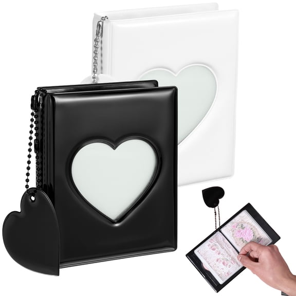 Mini Photocard Binder with Heart Shaped Cutouts, Black 32 Pocket Photo Album with Pendant, Portable Card Holder for Valentine's Day Gifts & Memory Keeping, Perfect for Love Notes