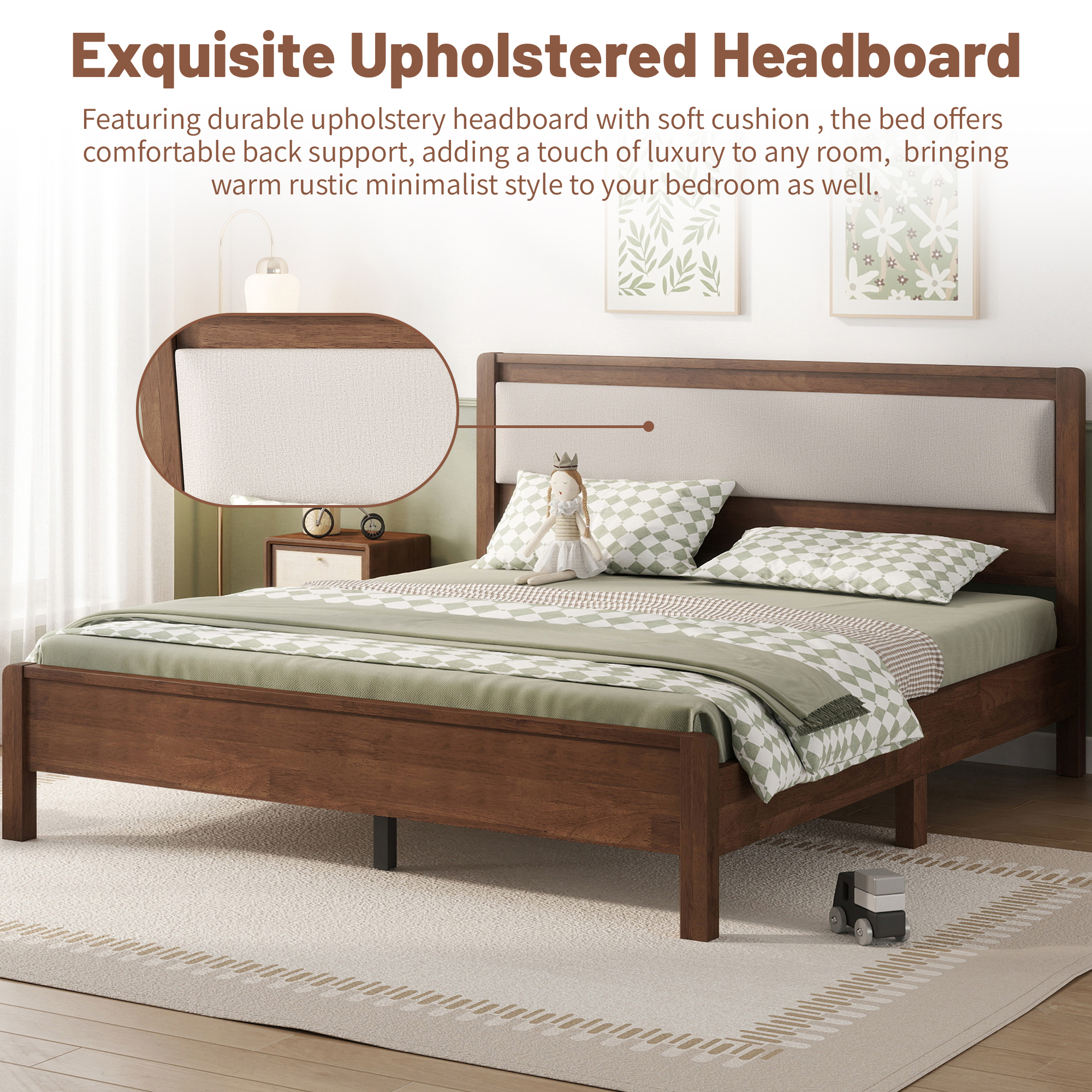 HOQBN Queen Solid Rubberwood Bed Frame with Upholstered Headboard, Reinforced Central Support Legs for Bedroom Walnut