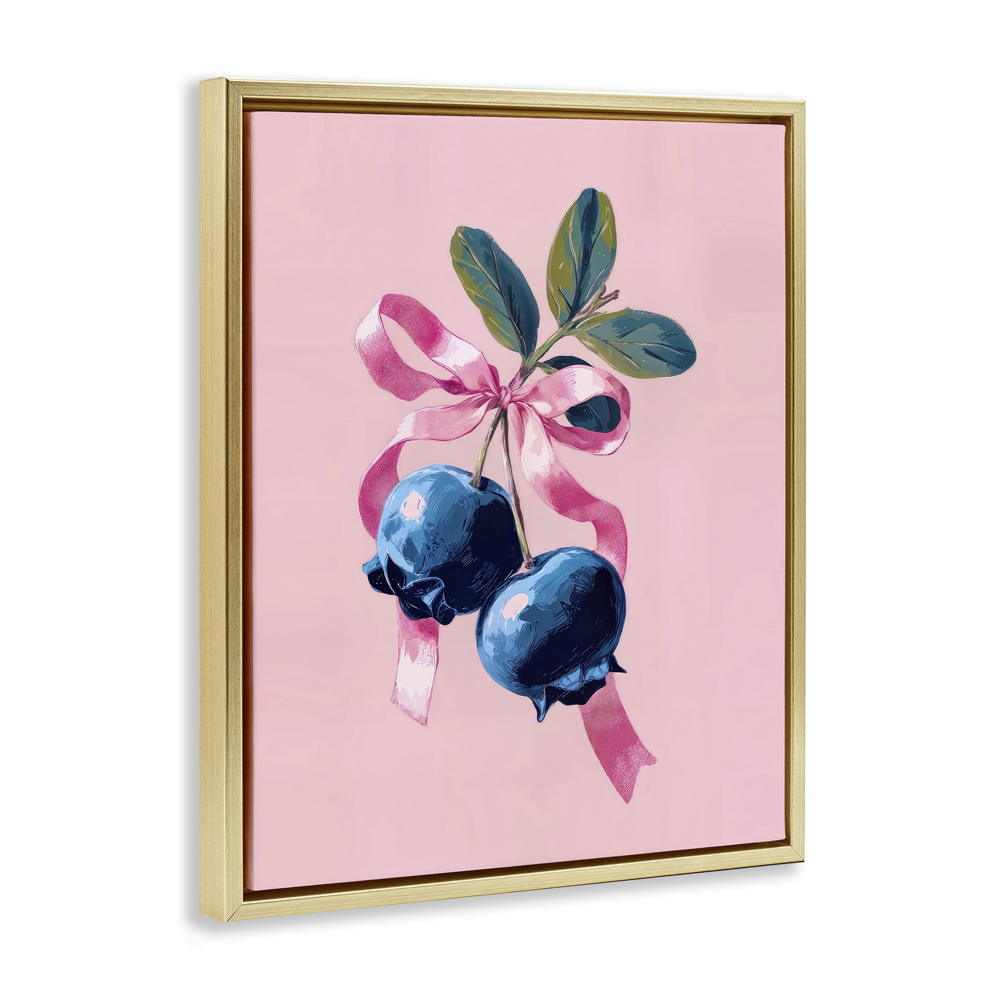 Stupell Industries Blueberry Branch with Pink Bow Gold Framed Floater Canvas Wall Art, design by Imagine It Images
