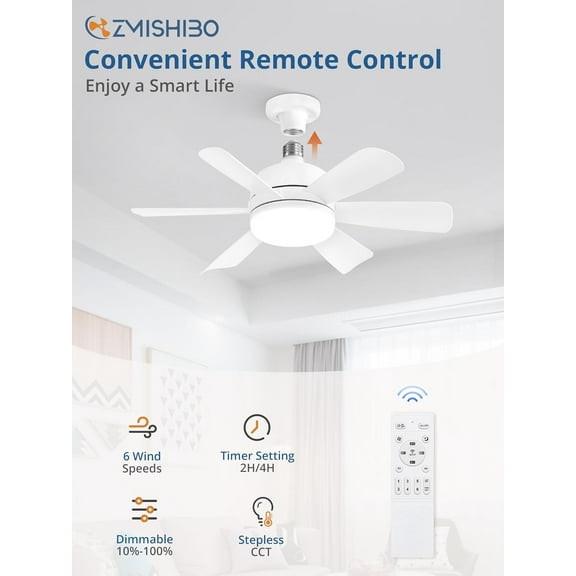 2 Pack 17.9 Inch Socket Fan with Light, Dimmable 3 Colors 6 Speed Ceiling Fan for Bedroom - White