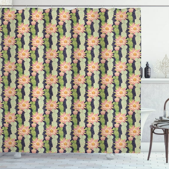 Cactus Spring Flower Shower Curtain, Vertically Arranged Details Succulents Hand Drawn Like, Fabric Bathroom Set with Hooks, 69W X 84L Inches Extra Long, Dark Indigo and Multicolor, by Ambesonne