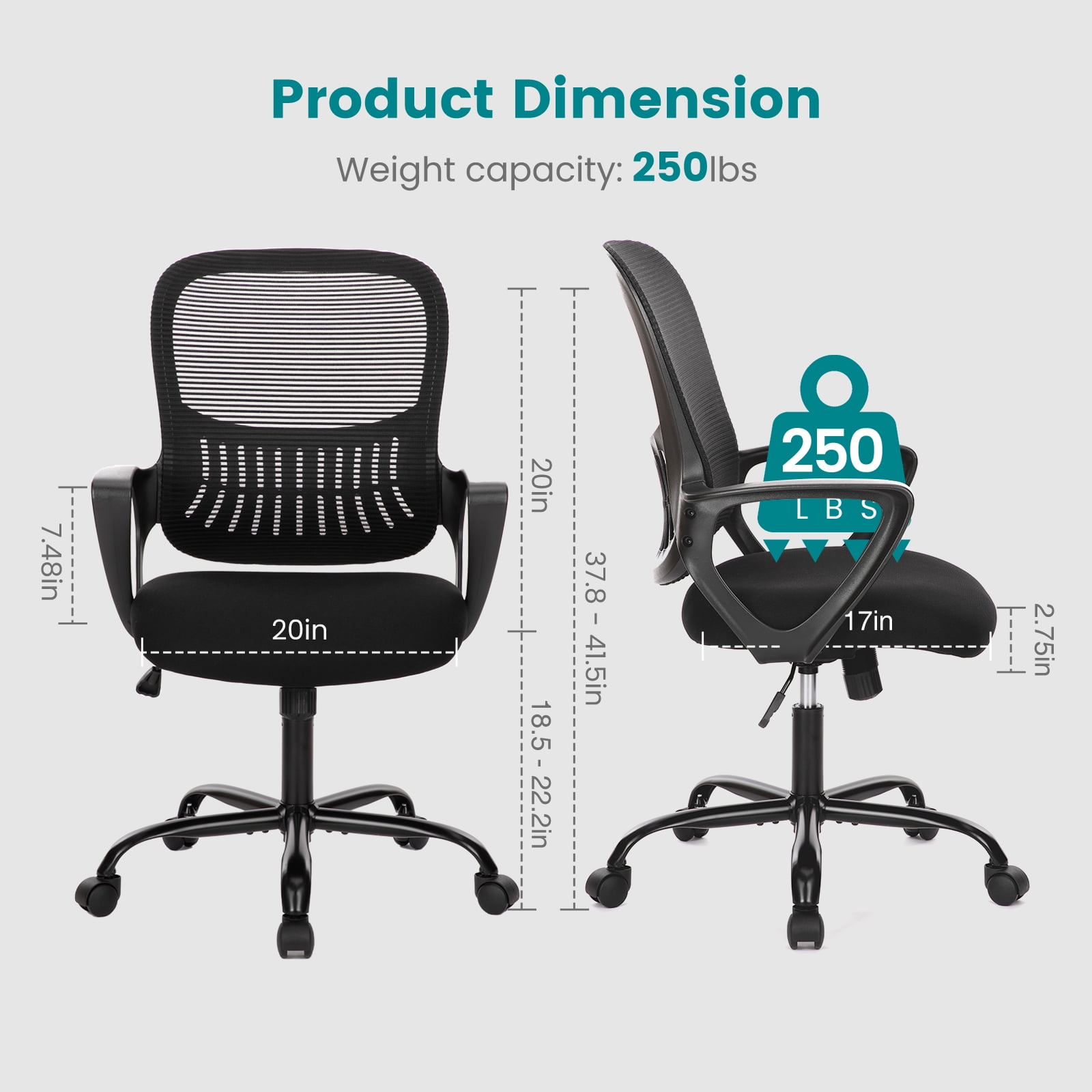 edx Ergonomic Office Chair, Mesh Desk Chair with Fixed Armrests for Home Office Standing Desk, Black