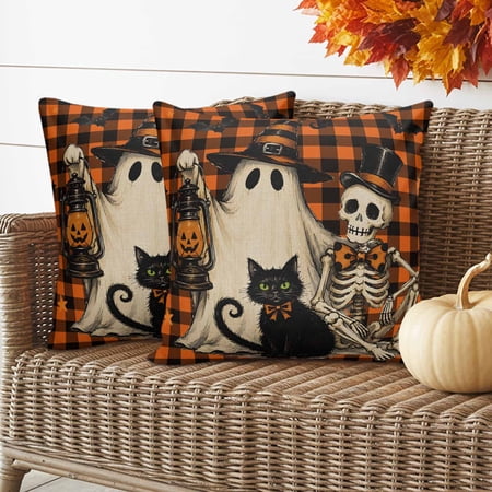 Halloween Pillow Covers 2 Pack Autumn Ghost Skeleton Black Cat Stars Orange Black Plaid Pillowcase Waterproof Outdoor Throw Pillow Cover for Patio Garden Balcony Decorative Square Cushion 26 x26