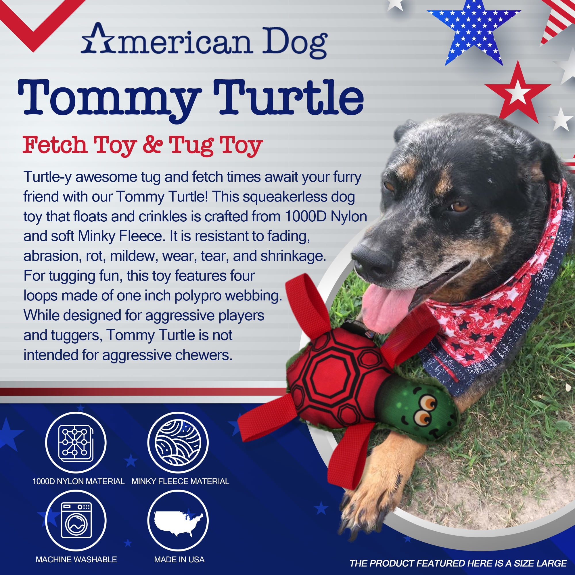 American Dog Tommy Turtle – Durable Fetch & Tug Dog Toy Made in USA from Pet-Safe, Machine-Washable 1000D Nylon and Minky Fleece for Bonding, Play Time, Mental Stimulation, Exercise, Training, & More