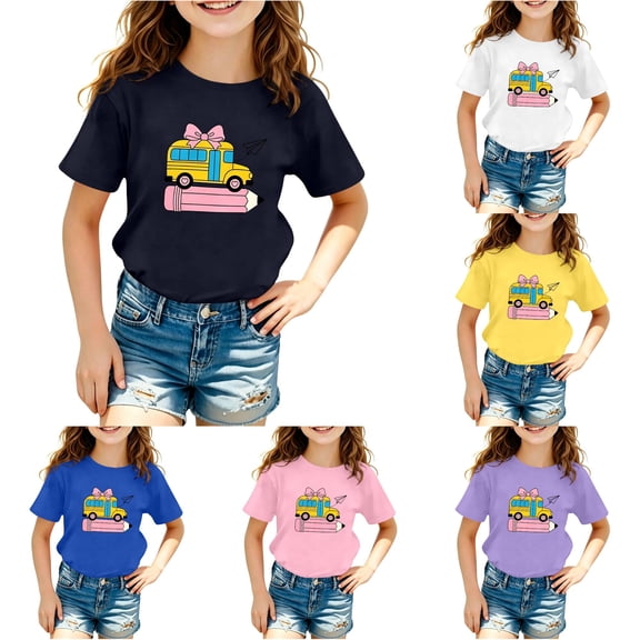 JCCXIN Toddler Baby Girls First Day Of School Tee Shirts Back To School Clothes Pencil Bus Graphic Tops Crew Neck Short Sleeve Loose Fit Sweet Street Casual Daily Wear,Black,1-2 Years