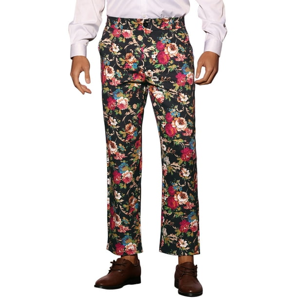 Unique Bargains Floral Dress Pants for Men's Flat Front Prom Flower