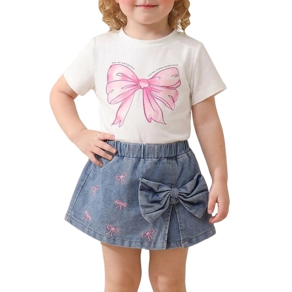 SGMVNU Girls 2 Piece Summer Outfit Casual Short Sleeve Graphic Tee Shirt and Denim Shorts Set Kid Clothing Set Size 5-6 Years White