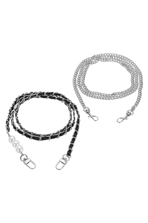 2 Pcs Purse Chain Strap, 47 Inch Long Crossbody Bag Leather Chains Replacement with Pearl for DIY Phone Charm Wallet Bag Handbag Purses Clutch, Silver Chain with Black Leather