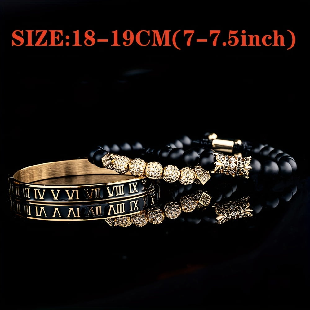 Luxury charm bracelet for men - stainless steel inlaid cubic zirconia with Roman numerals, adjustable size 6.3"-8.2", fashion jewelry gift,Black