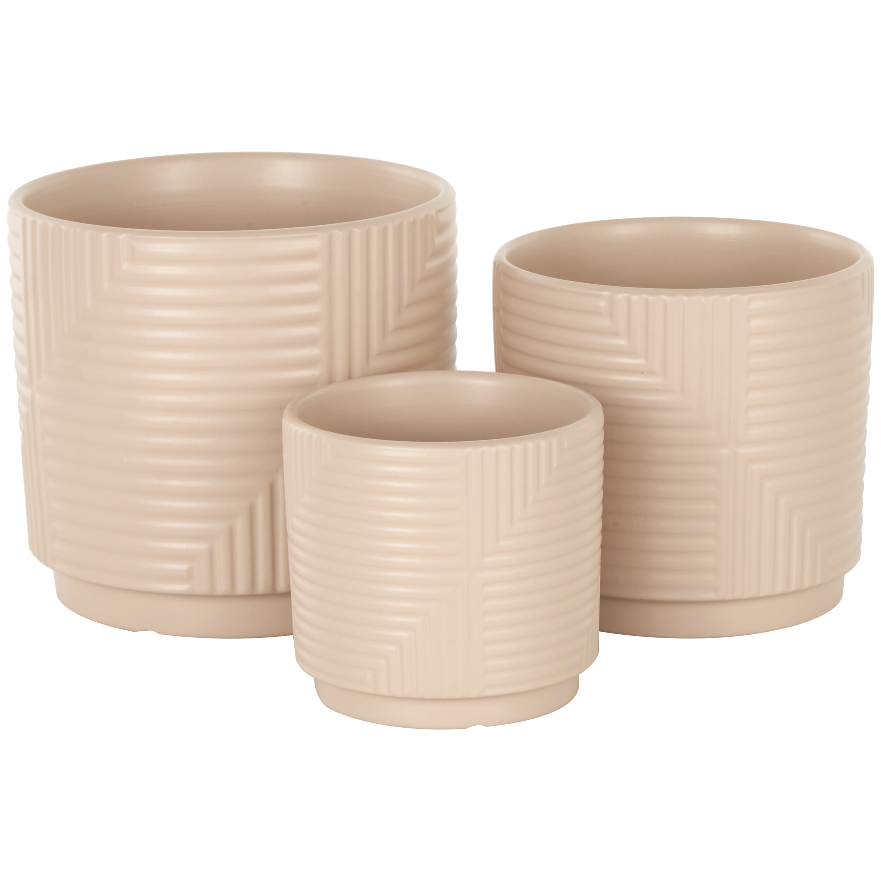 DecMode 7", 6", 5"W Pink Ceramic Geometric Planter with Layered Square Shaped Grooves (3 Count)