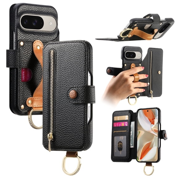 Wallet Case For Google Pixel 10 Pro XL with Zipper Pocket RFID Blocking Card Holder, Premium PU Leather Folio Cover Handle Strap Kickstand with Ring Holder Grip Shockproof Case,Black
