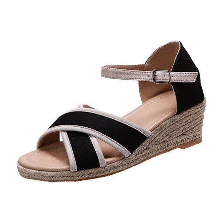 

Mackneog Women Summer Buckle Strap Canvas Weave Comfortable Wedges Shoes Beach Peep Toe Breathable Sandals Gift on Clearance