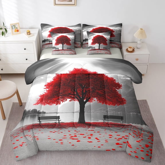 jejeloiu Romance Nature Theme Twin Bedding Sets 7-Piece,Tree River Mountain Bedding Comforter Set,Red Fall Leaves Sheet Sets For Men Women,Ultra Soft Home Decor Reversible
