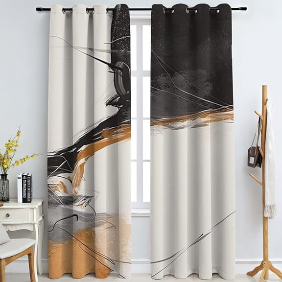 Abstract Oil Painting Black Orange Art Blackout Curtains, Retro Mid Century Aesthetic Window Curtains, Durable Polyester Grommet Shades For Living Room Bedroom Study Room 53"W x 84"L (Pack of 2)